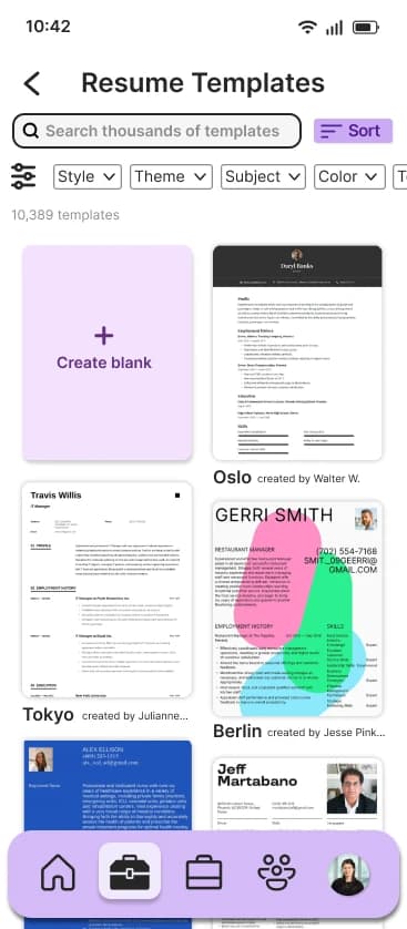 Resume templates screen