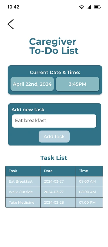 Caregiver to-do list screen