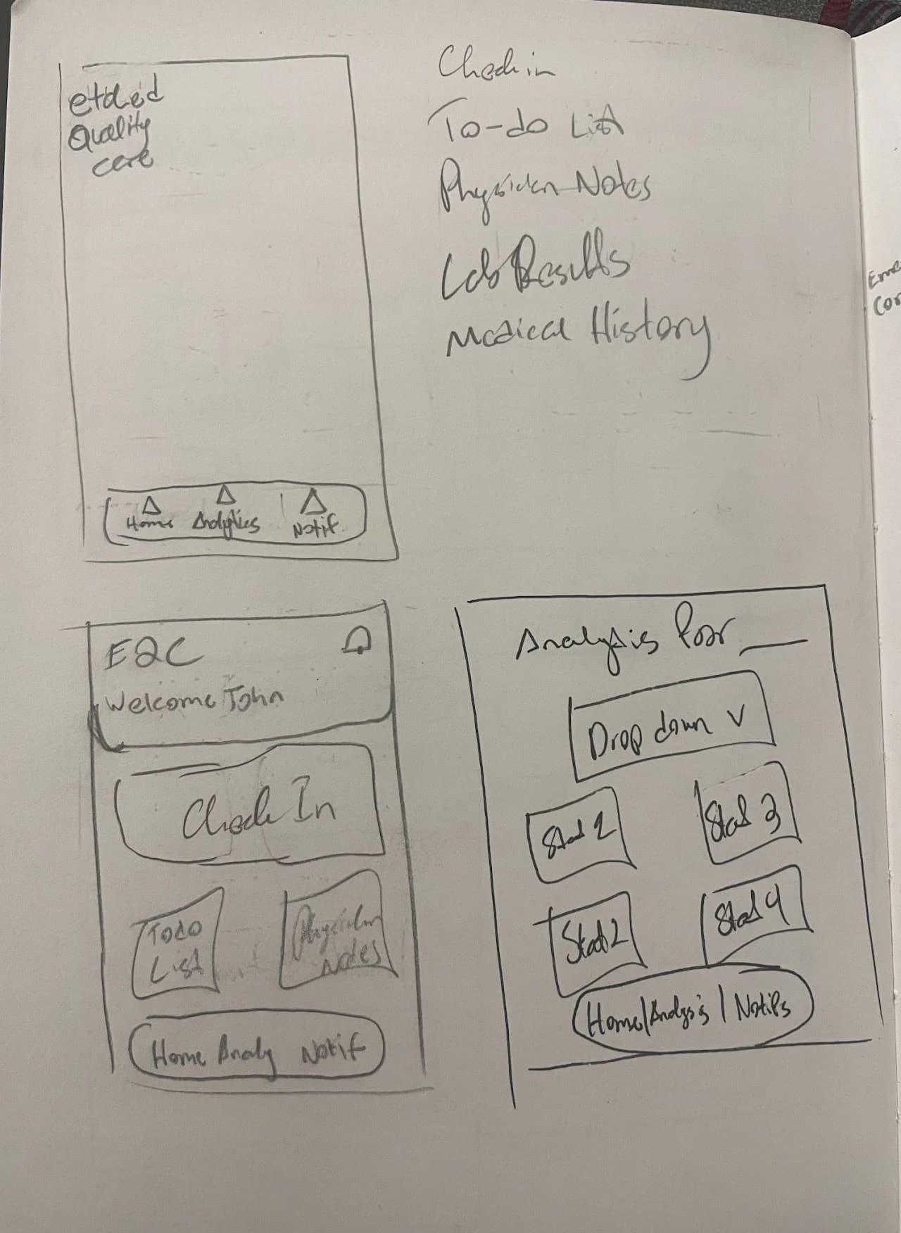 Sketches: home, check-in and analysis screens